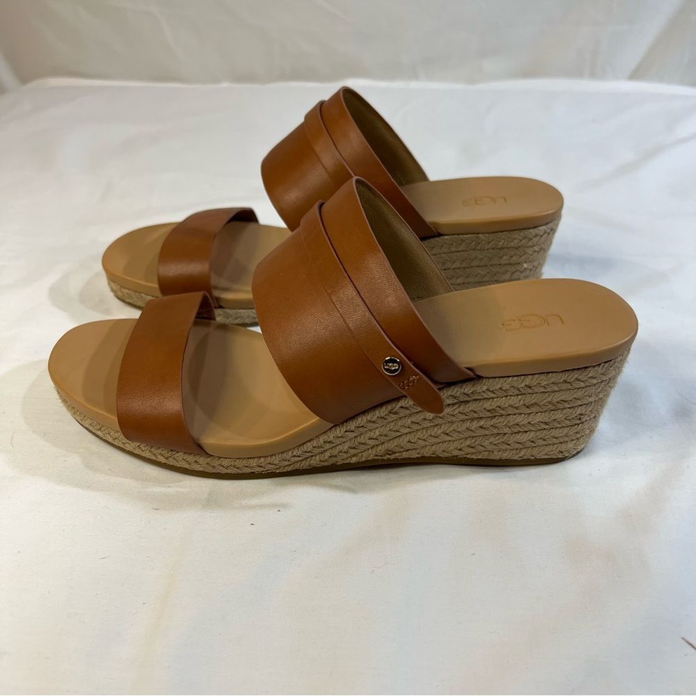 Ugg Ebele Leather Wedge Espadrille Sandals Tan